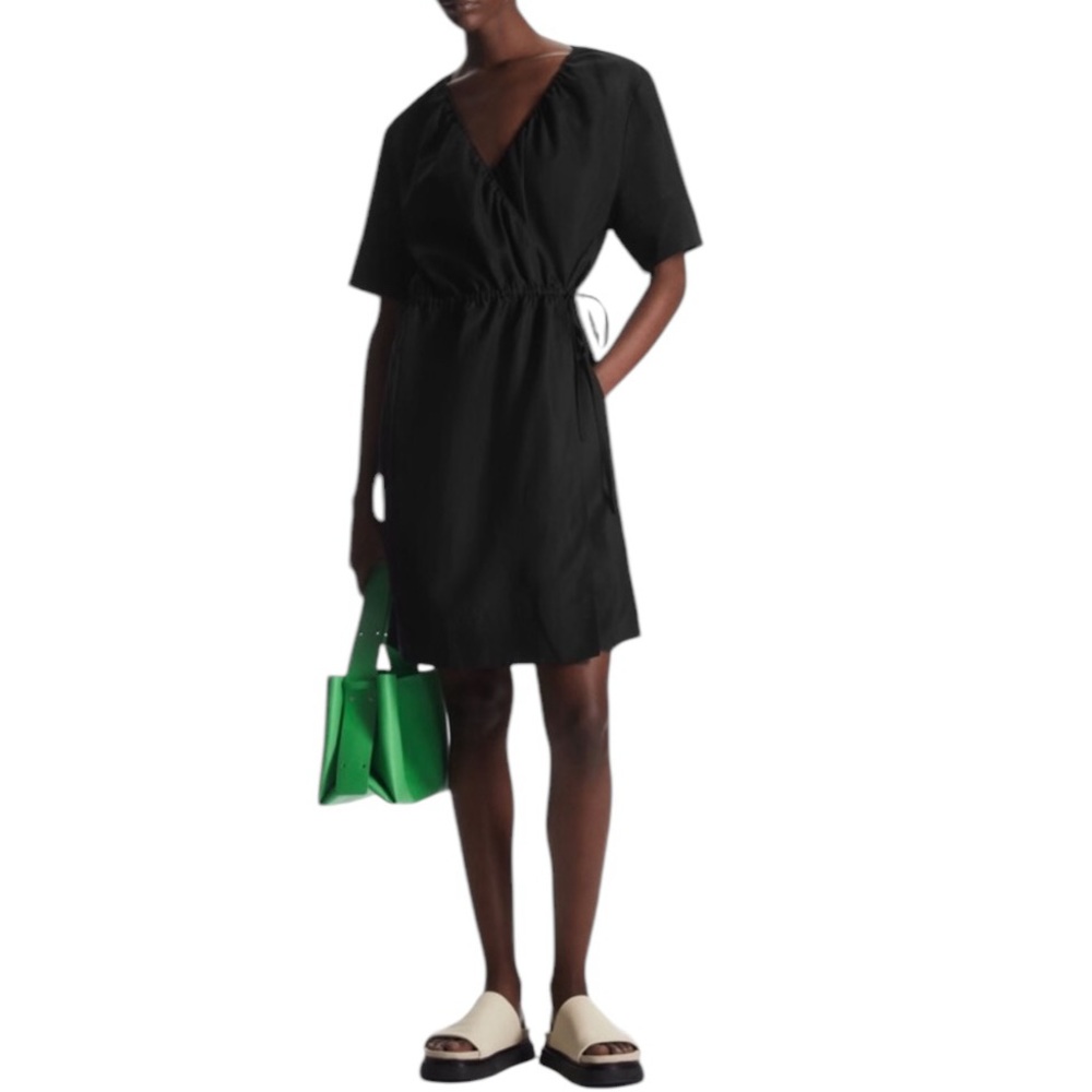 COS Linen Blend Black Wrap Tie Dress